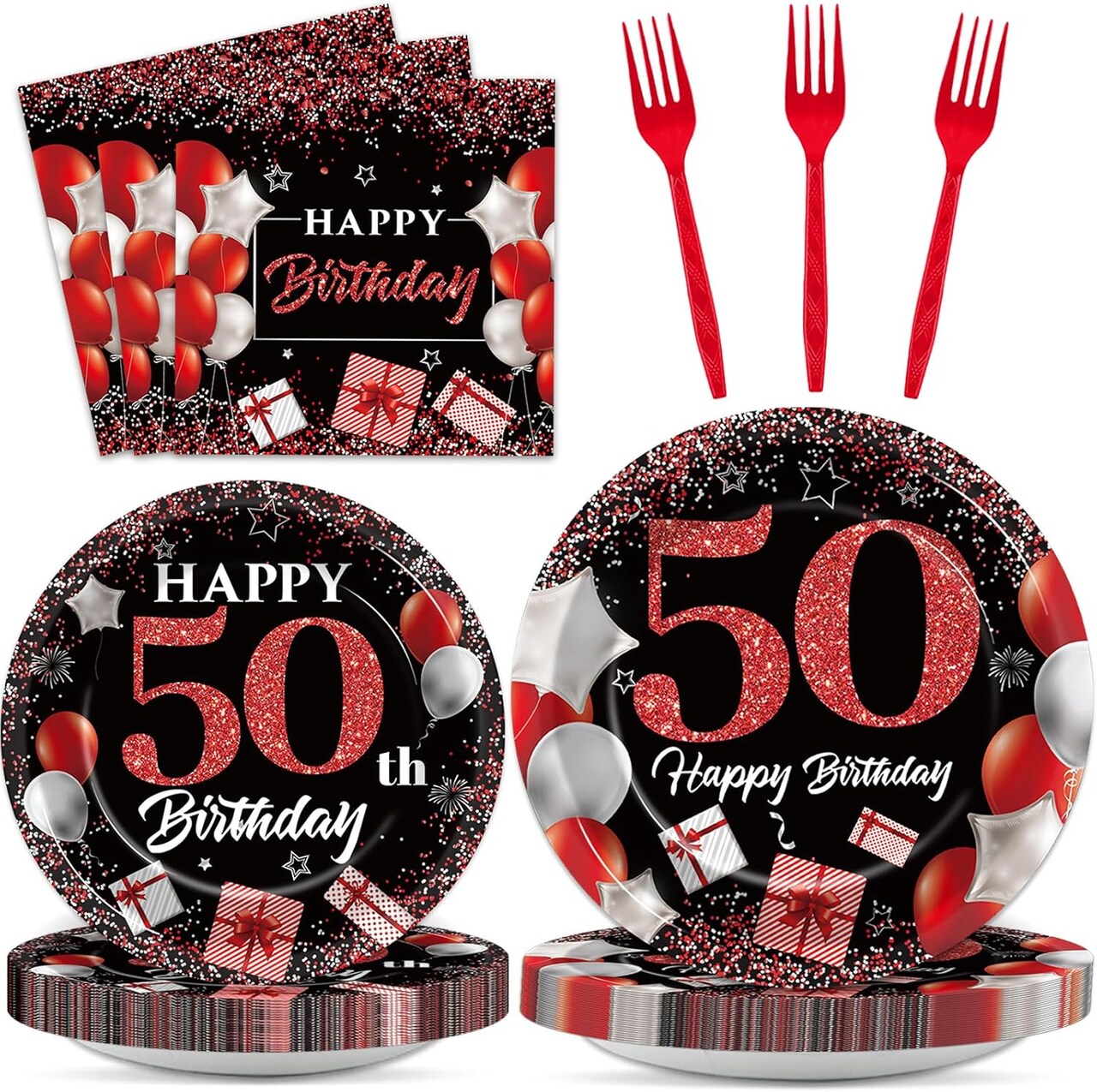 96 Pcs 50th Birthday Plates and Napkins Party Supplies 50 Years Old Birthday Party Tableware Set Red Black Dinner Dessert Plates 50th Birthday Decorations Favors for Man Women for 24 Guests